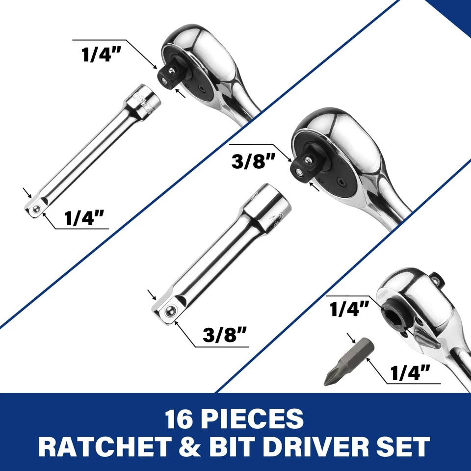 WORKPRO Stubby Ratchet Bit Driver Set 16PC 3/8" 1/4" Drive Ratchet Handle Wrench - Image 2 of 4
