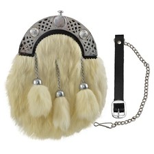 SCOTTISH FULL DRESS SPORRAN WHITE RABBIT FUR & CHROME CELTIC CANTLE