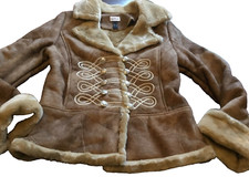 Together,brown,patchwork Panels,faux Sheepskin,military Jacket Size 14-16