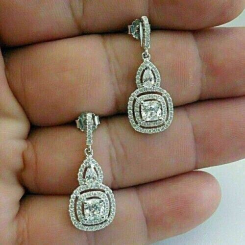 Cushion Cut Simulated Diamond Gorgeous Drop Dangle Earring 14k White Gold Plated