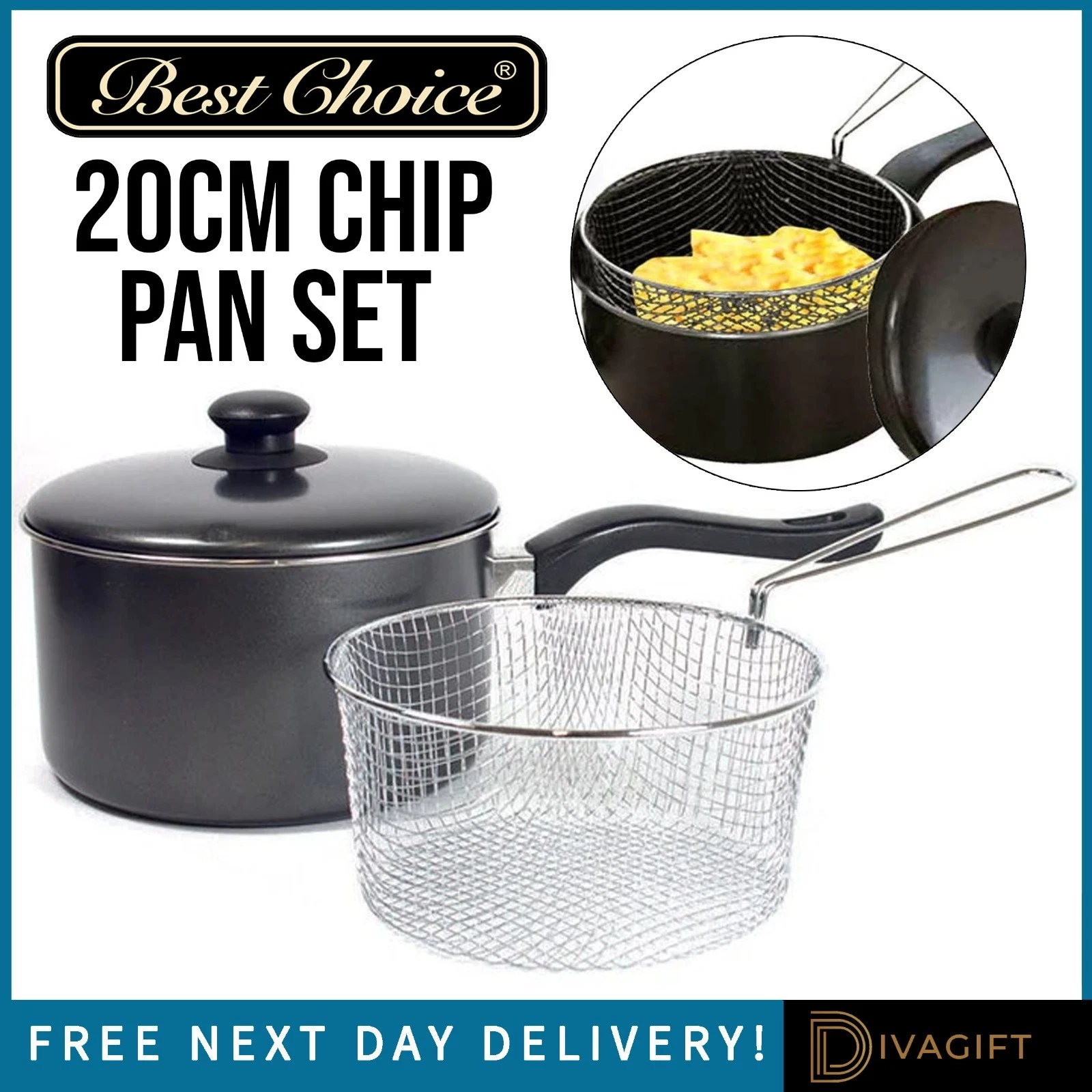 PRIMA 20CM CHIP PAN DEEP FAT FRYER COOKING POT FRYING BASKET WITH LID SET UK NEW