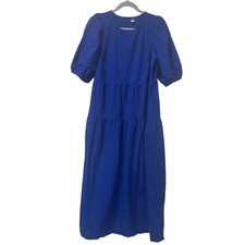 Old Navy Womens Royal Blue Seersucker Tiered Puff Sleeve Midi Dress M Tall