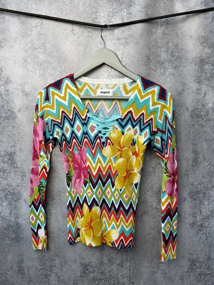 Desigual SAVA Sweater Blouse Flowered Stretches Women's Size M - Image 2 of 4