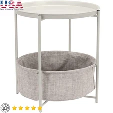 Round Metal Accent Table W/ Tray Top & Underneath Storage Bin Home Use