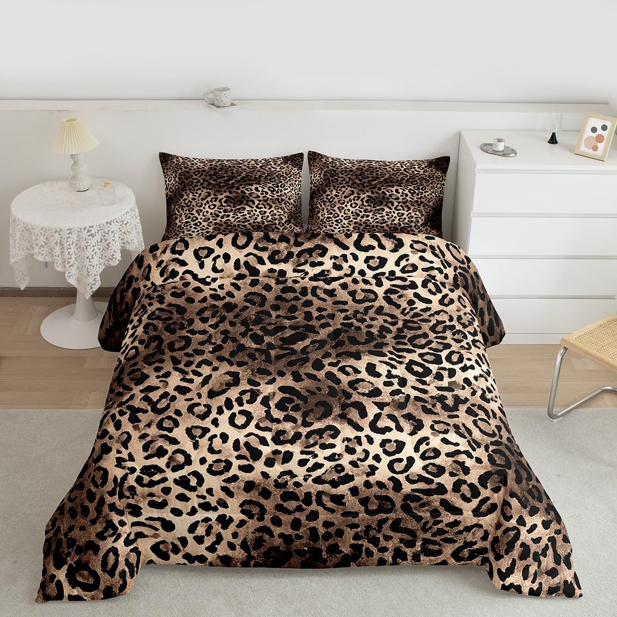 Leopard Print Comforter Set King Size,Black Brown Bedding Set 3pcs for Kids G...
