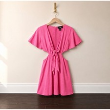 Lulus Pink Cutout Tie Front Mini Dress DI4559A Short Sleeve Linen Blend M