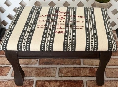 OOAK! FOOTSTOOL W/ STENCILED BOHO STRIPED IVORY CANVAS, WEATHERED DARK WOOD BASE