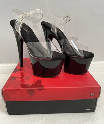Pleaser Adore-708 Platform Stiletto Open Toe Ankle Strap Heels Black/Clear UK 4 - Image 1 of 4