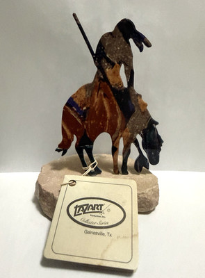 End of Trail Metal Lazart Native and Horse Figure Mounted on Stone Base 5'' Tall