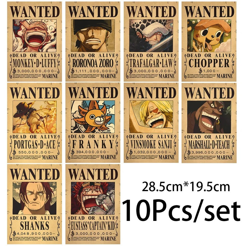 Juego de 10 pósteres One Piece Wanted - Anime Vintage Druck Ruffy Zoro Deco