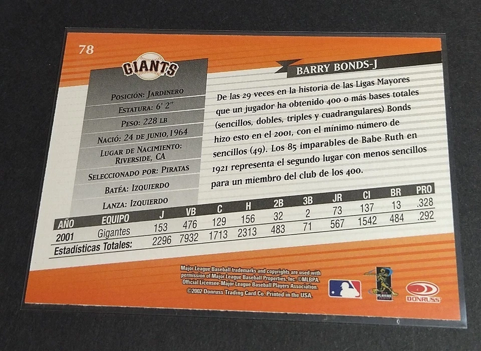 MLB 2002 DONRUSS Barry Bonds Giants ESTRELLAS No78 Giants BARRY BONDS - Image 2 of 2