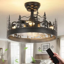 Farmhouse Rustic Ceiling Fan with Light and Remote, Black Chandelier Fan Deer
