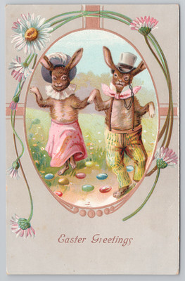 Anthropomorphic Bunny Rabbits Dancing Easter Postcard Male Rabbit Wears Monocle