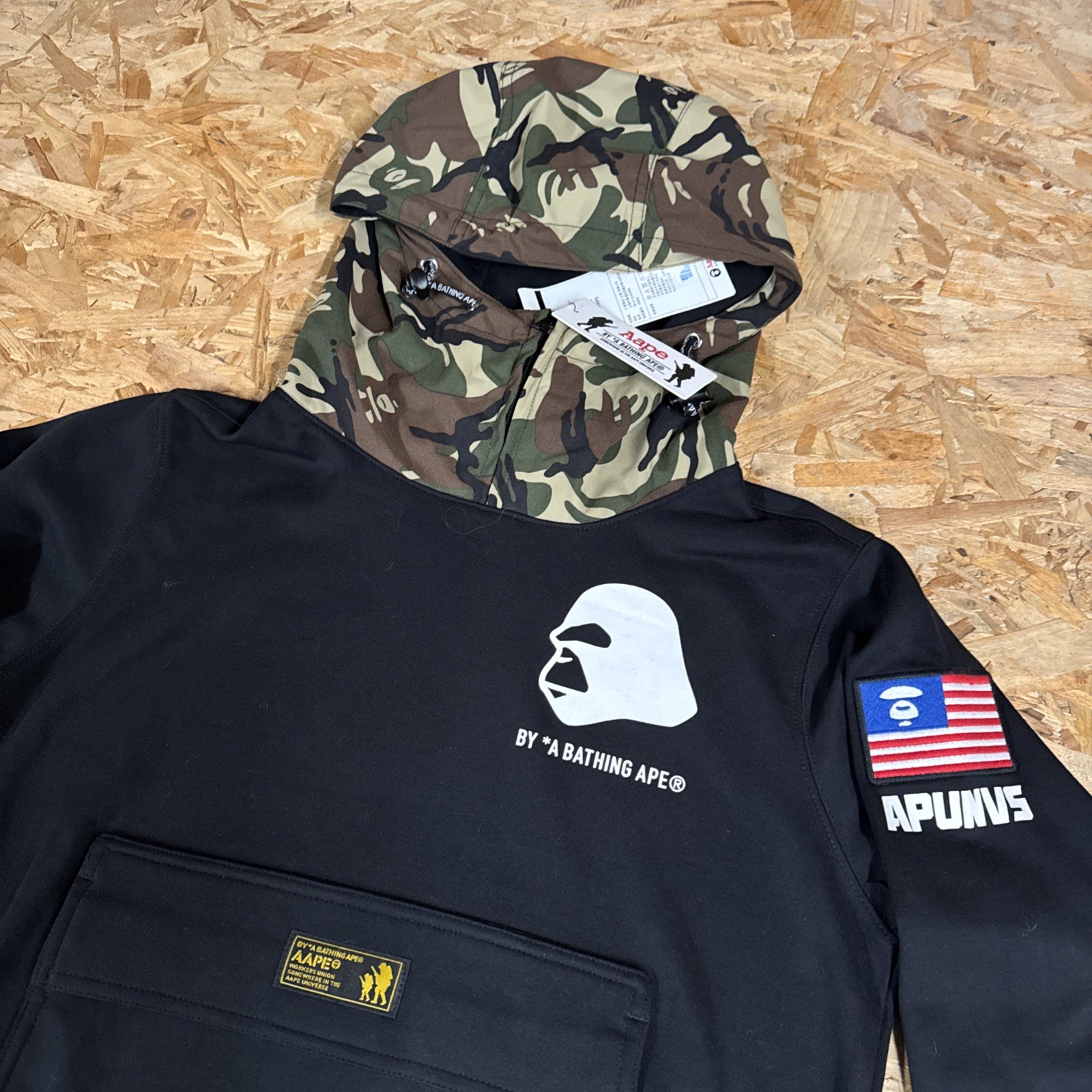 Mens AAPE by A Bathing Ape Black Camo Hooded Sweatshirt Small New - Rare Japan thumbnail 3