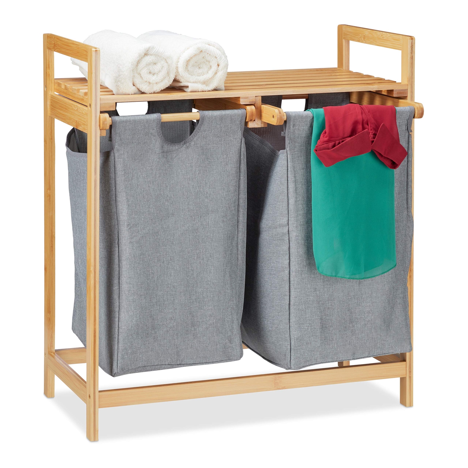 Relaxdays Portabiancheria Doppio in Bambù con Ripiano | 2 Sacchi da 30L