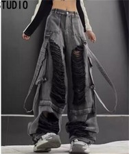 Women Pockets Jeans High Waist Baggy Denim Pants Trousers Loose Casual Street st