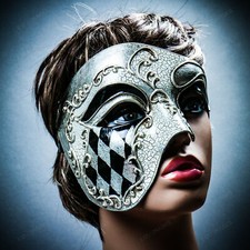 Venetian Half Face Classic Phantom Masquerade Ball Mask w/ Unique Silver Checker