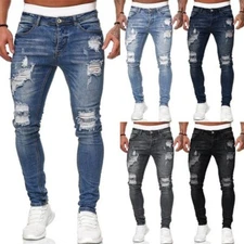 Men's Skinny Ripped Jeans Denim Distressed Pants Work Stretch Slim Fit Trousers