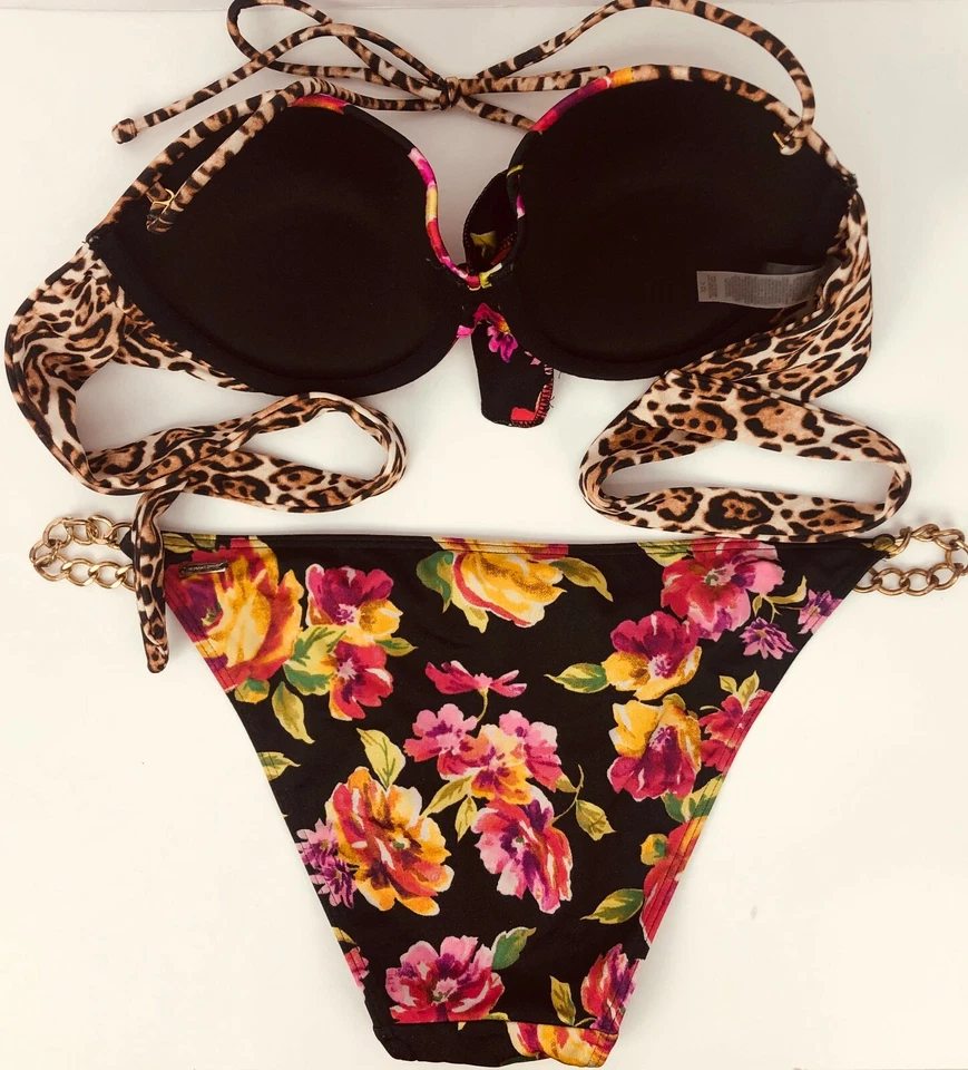 Bikini Victoria's Secret Moldeado Bandeau Floral Cadena Dorada Lateral 32C 34B Leopardo Foto 3 de 4