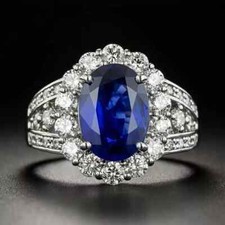 4 Ct Oval Lab-Created Blue Sapphire Halo Engagement Ring 14K White Gold Plated