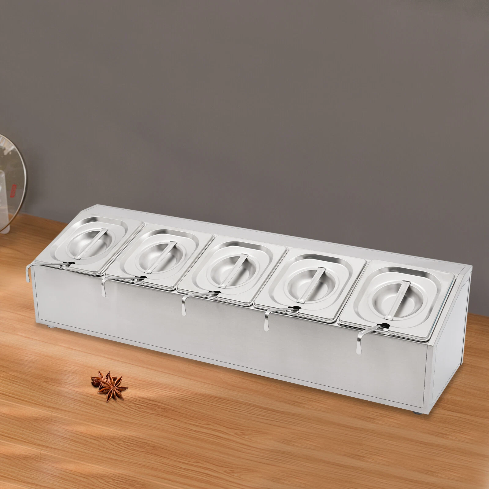 Stainless Steel 5-Pan Trapezoidal Spice Rack With Lids & Spoons 0.9 Qt