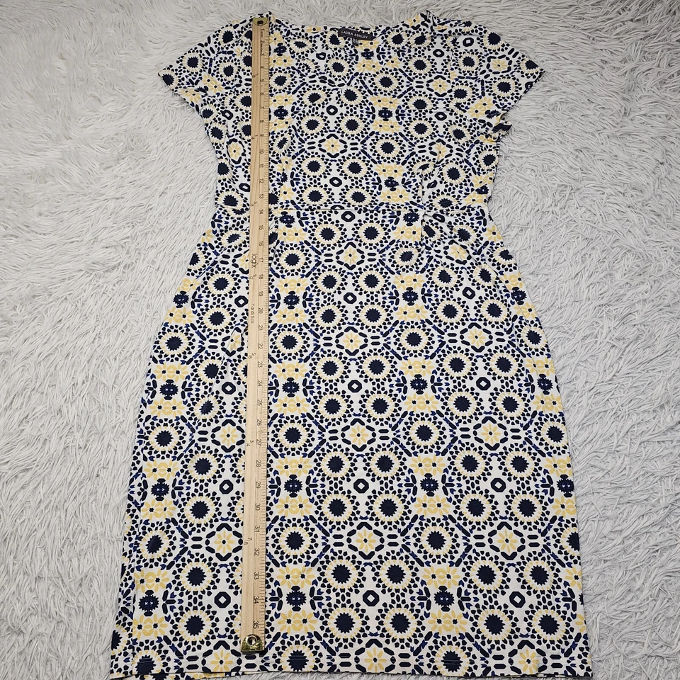 Vintage Womens Laura Ashley Yellow Blue Pattern Cap Sleeve Stretchy Dress 10 - Image 4 of 4