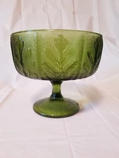 Vintage Green FTD 1975 Compote Oak Leaf Bowl