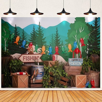 Gone Fishing Photography Background Forest Green Plants Boy Child Birthday Pa...