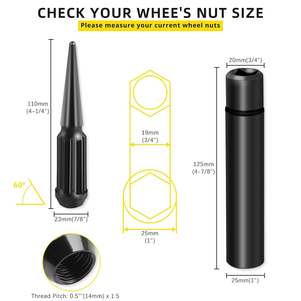 24* Black Spike Lug Nuts 14 x 1.5 4.4" Tall&Key For Dodge Durango SRT 2011-2023 - Изображение 4 из 4