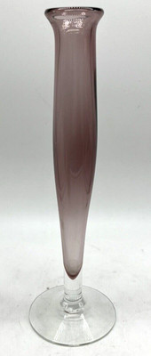 Art Glass Amethyst Bud Vase 10'' Signed Clear Foot Hand Blown Studio Purple