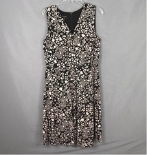 Talbots Dress Womens 12 Black Pink Sleeveless V-Neck Pleated Flowy