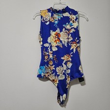 Guess Los Angeles Blue Floral Mock Neck Sleeveless Bodysuit Womens Medium