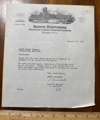 Vtg 1949 letterhead Bunte Brothers Chicago IL factory graphic candy gum