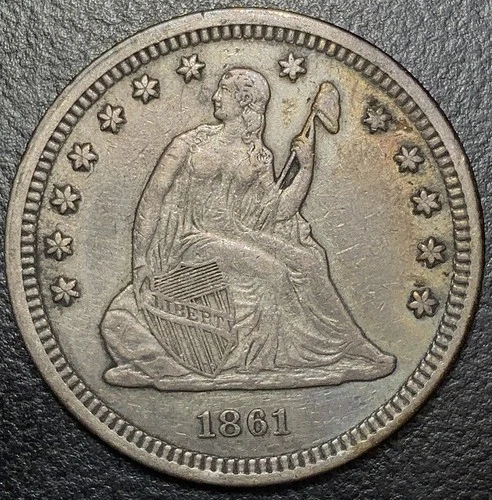 1861 P Seated Liberty No Motto Silver Quarter Dollar 25c Toned XF US Type Coin