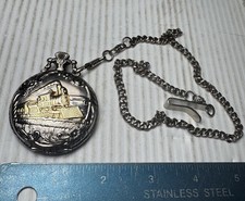 Milan Quartz Locomotive Train Pocket Watch Silver Tone With Gold Accents
