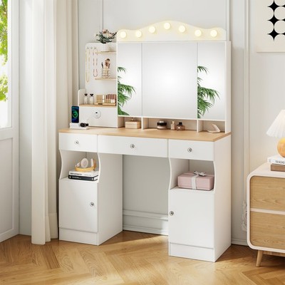 Vanity with mirror, lighting, power outlet, drawers, and foldable design.