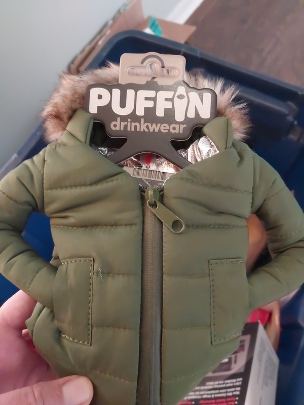 Puffin Drinkwear Black Puffy Jacket Can Cooler Koozie The Pahka Fur Hood Insulat