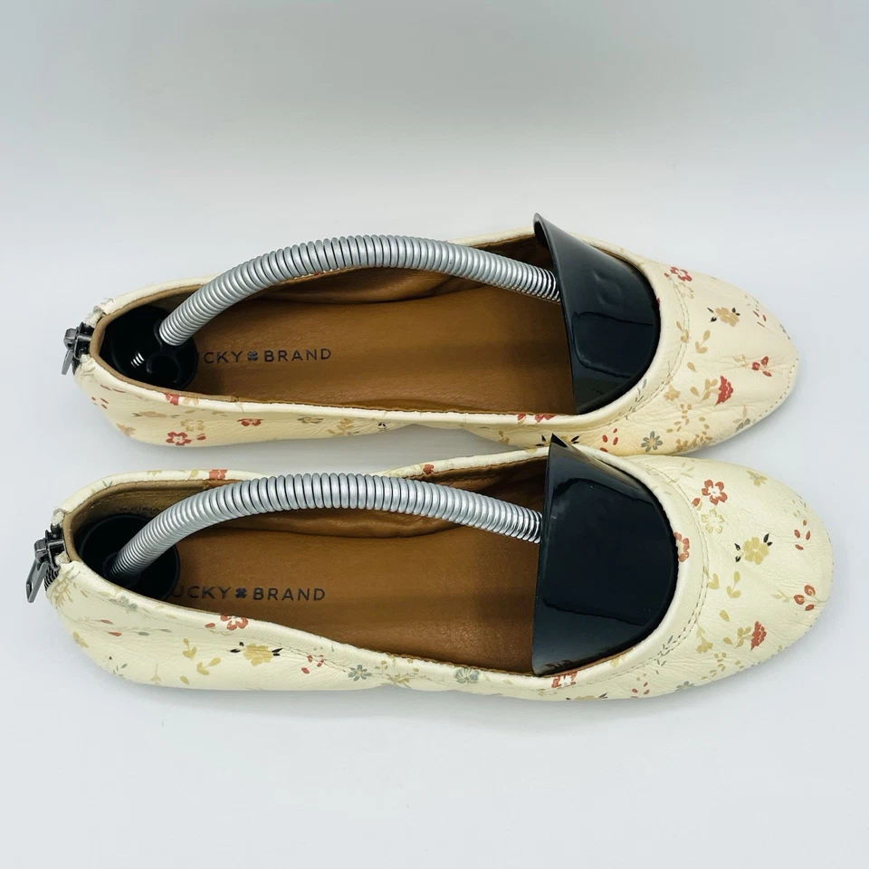 Zapatos Lucky Brand Mujer Talla 6 M Beige Floral Cuero Eikia Ballet Planos Cremallera Foto 3 de 4