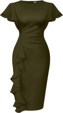 Women's Work Bodycon Midi Pencil Dress Ruched Ruffle Sleeve Vintage Style