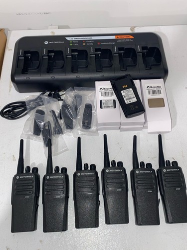 6 Used Motorola CP200d ANALOG UHF 403-470 Mhz New Batteries Gang Charger H404