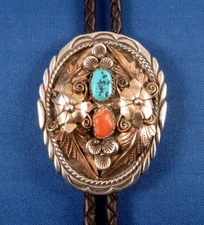 VTG NAVAJO Sterling Silver Turquoise Coral BOLO Tie SIGNED MNT, 43" cord, tips