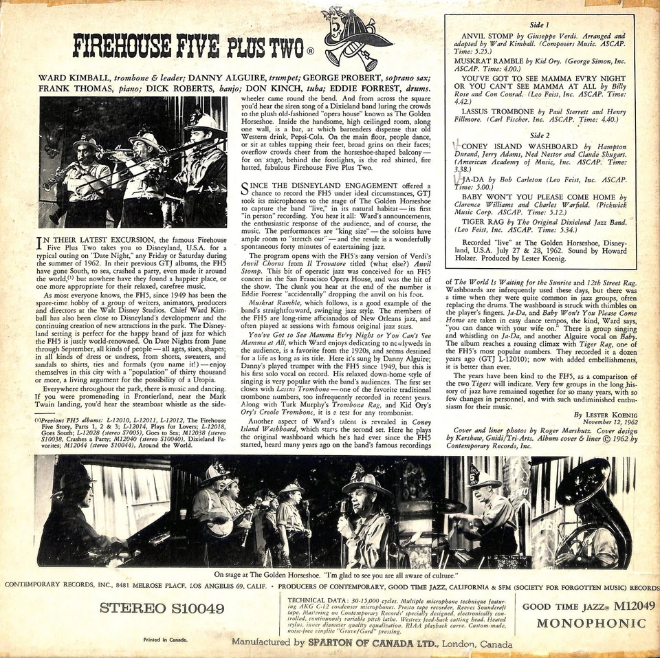 Firehouse Five Plus Two – At Disneyland 12" LP Record 1962 Mono GTJ Dixieland Foto 2 de 2