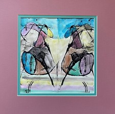 Vintage Framed Abstract Shapes Figures Watercolor Painting Modern Wall Hanging