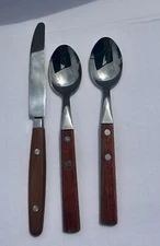 Vintage Annova Wood handle Butterknife & Two Wood handled Spoons Cottage Core