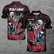 Custom Name Team Name Horrified Skull Bowling Ball Men's Polo Shirt S-5XL