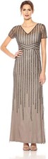 Adrianna Papell Women's Short Sleeve Linear Beaded Long Deco Gown Lead Grey sz 8