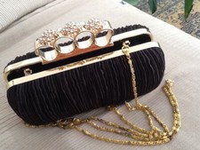 Borsetta donna pochette da sera nera plisettata rigida strass catena spalla usat