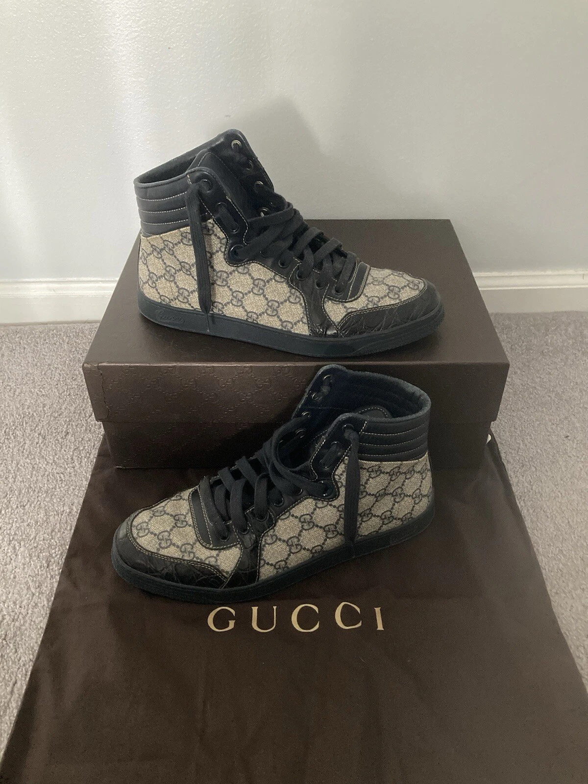 Chaussures homme Gucci peau de crocodile toile cuir beige/bleu suprême taille 9