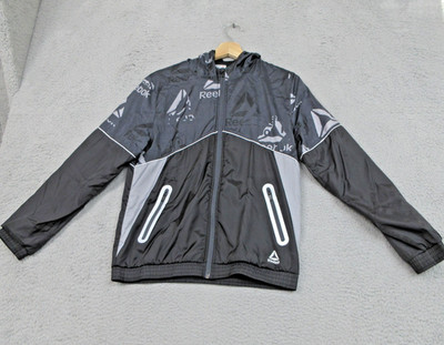 Reebok Jacket Youth XL 14/16 Black Gray Hooded Full Zip Windbreaker Athletic