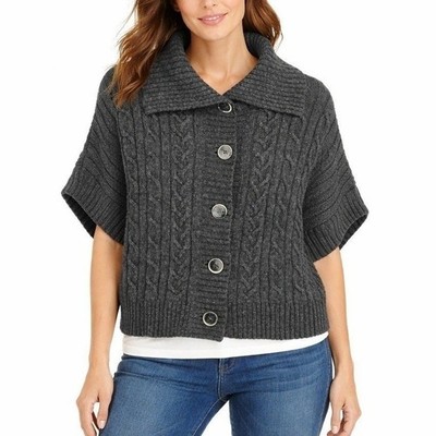 Saks Fifth Avenue Threads L Gray Cable Knit Button Cape Cardigan Women Luxury